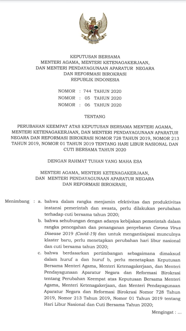 Cegah Klaster Baru Covid-19, Inilah Revisi SKB Cuti Bersama Tahun 2020